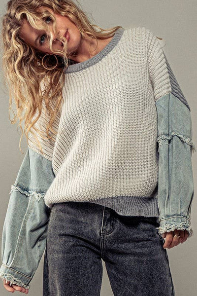 DENIM SLEEVE TWO TONE KNIT SWEATER: GREY
