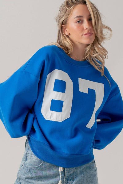 "87" Graphic Balloon Sleeve Oversized Sweatshirt: Blue