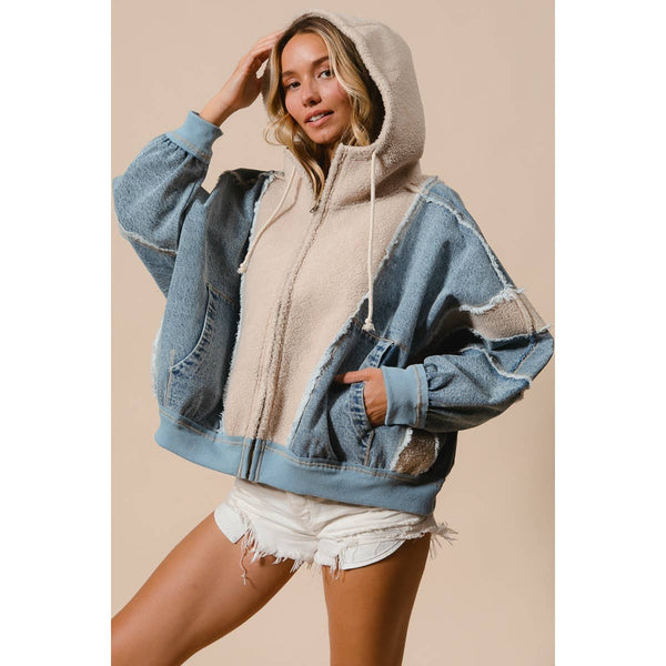 WASHED AND FLEECE MIX AND MATCH ZIP UP HOODIE: DENIM/IVORY