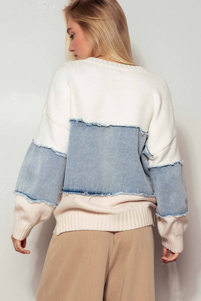 Colorblock Denim Patchwork Casual Top: Ivory