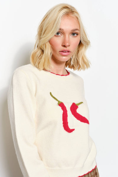 CARLY CHILI PRINT SWEATER - Cozy, Playful, Fun, Knit: Ivory