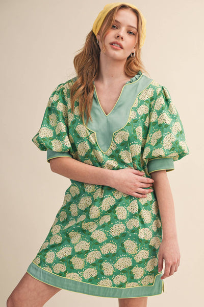 FLORAL PRINT PUFF SLEEVE A-LINE MINI DRESS MDR4855: SAGE GREEN FLORAL / M