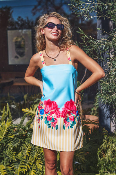 Floral & Stripe Mixed Print Satin Mini Dress: BLUE MULTI