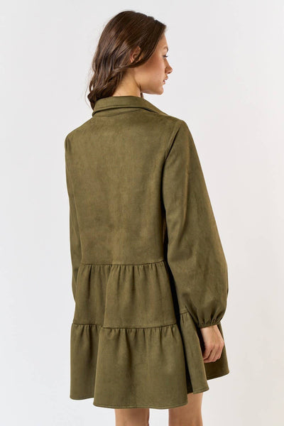 Button Up Tiered Babydoll Dress : Olive