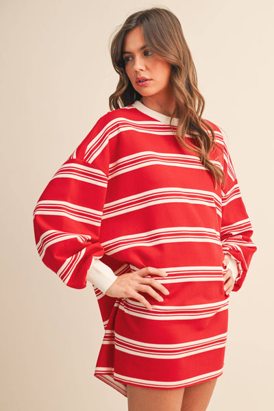 STRIPED LOVE SLEEVE OVERSIZED SWEATSHIRT DRESS: Red