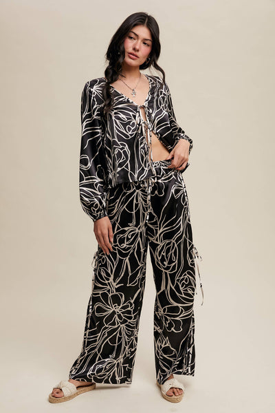 Bold Floral Print Satin Pants