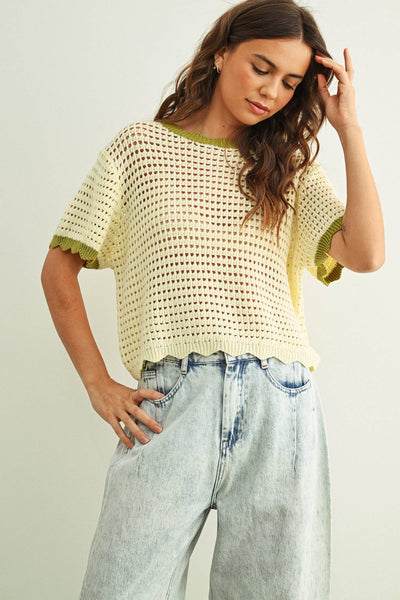 SCALLOPED DETAIL KNITTED TOP: CREAM/SAGE