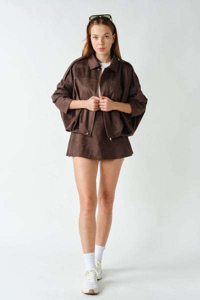 MOJAVE SUEDE-FINISH ZIP-FRONT JACKET: TRUFLE