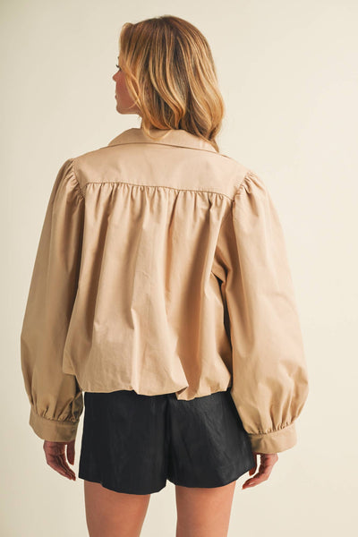 Funnel-Neck Puff-Sleeve Blouson Jacket: DK.BEIGE / S
