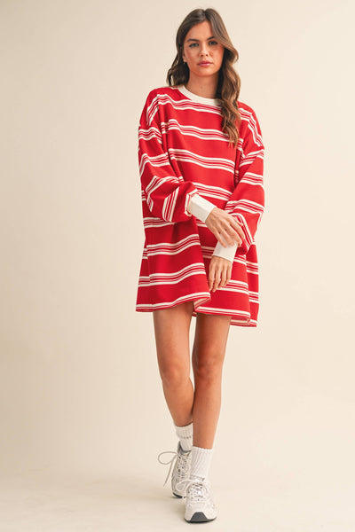STRIPED LOVE SLEEVE OVERSIZED SWEATSHIRT DRESS: Red
