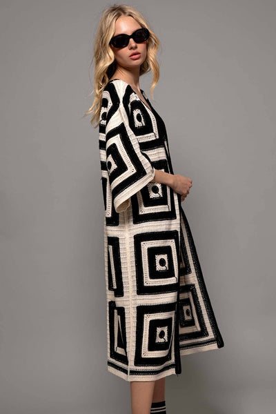 Geometric Crochet Midi Length Open Front Cardigan: BLACK