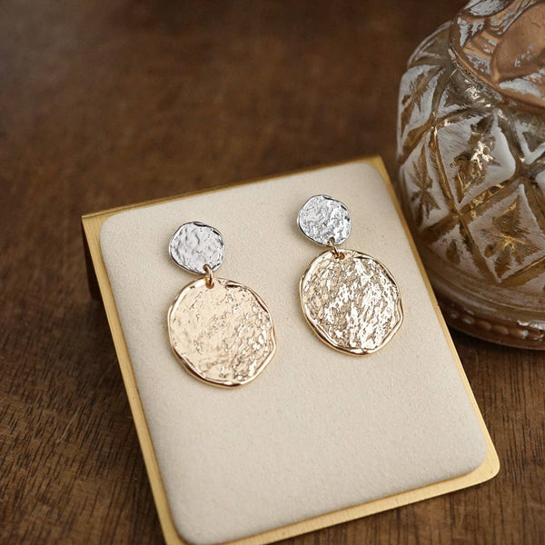 Golden Muse – Two Disc Textured Earrings: Silver Tone