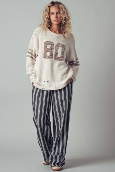 Relaxed Knit Pullover with Varsity Number Detail: Oatmeal