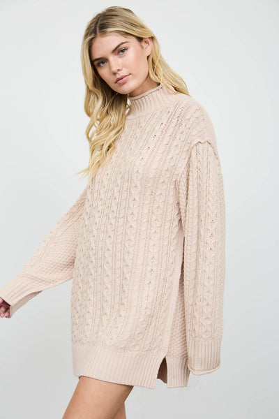 CABLE KNIT MOCK NECK MINI SWEATER DRESS: CHOCOLATE BROWN
