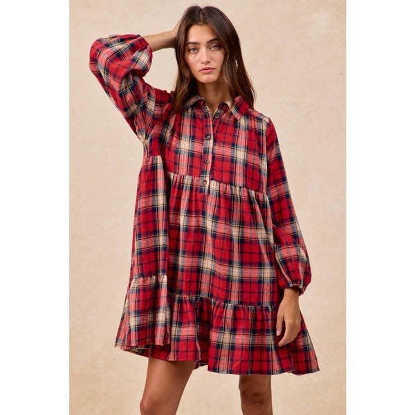 PLAID WOVEN SHRRING BUTTONED TIERED SHIRT DRESS: CAMEL MULTI / L