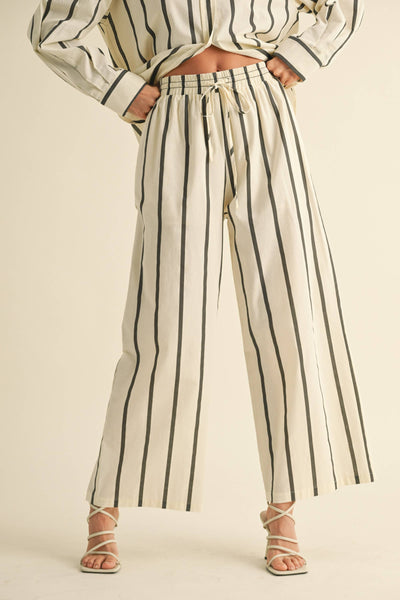 STRIPE STRAIGHT LEGS PANTS WITH ELASTIC BAND: BLACK STRIPE