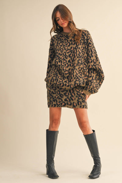 ANIMAL PRINTED OVERSIZED SWEATER TOP AND SKIRT SET: ANIMAL