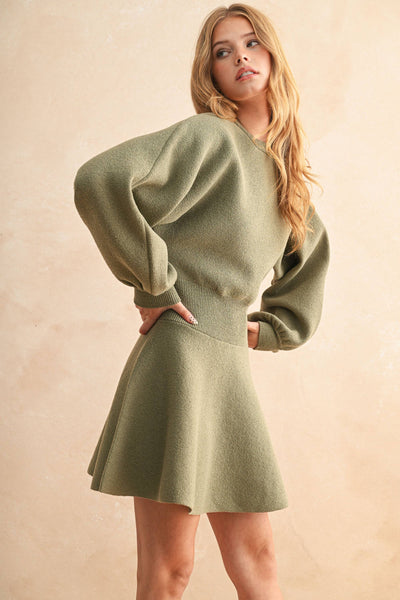 BALLON SLEEVE SWEATER DRESS: OLIVE /
