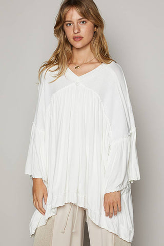 Oversize V-neck quarter sleeve frayed edge knit top