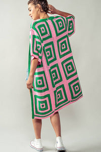 Geometric Crochet Midi Length Open Front Cardigan: PINK