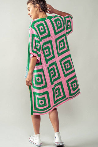 Geometric Crochet Midi Length Open Front Cardigan: PINK