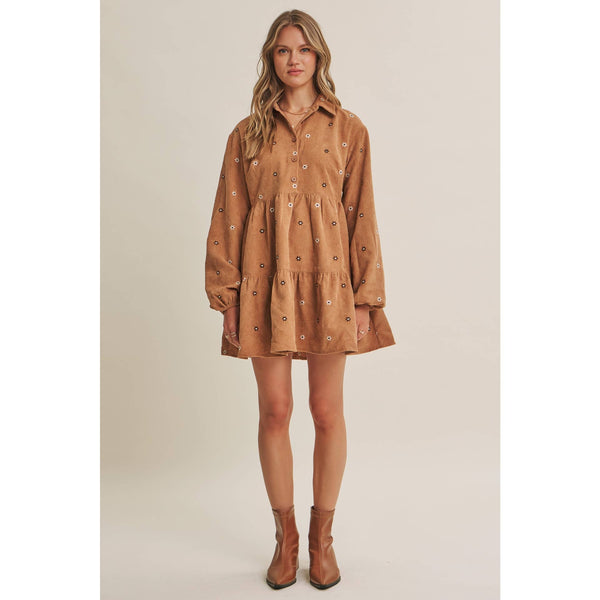 MEADOW MARKET ARTISAN DAISY EMBROIDERED CORDUROY MINI DRESS: OLIVE