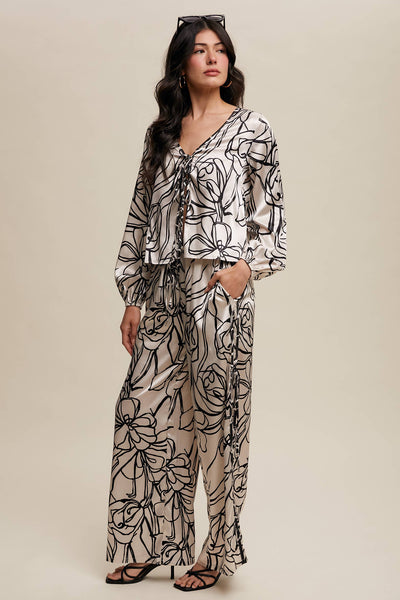 Bold Floral Print Satin Pants