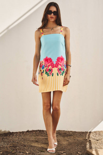 Floral & Stripe Mixed Print Satin Mini Dress: BLUE MULTI
