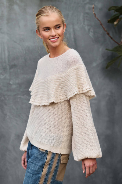 Ruffle Yoke Blouson Sleeve Knit Sweater: NATURAL