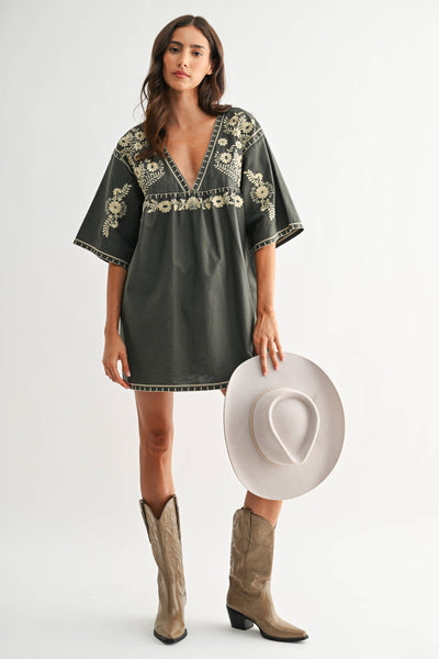 Embroidered Shift Dress with Deep V-Neckline: FOREST GREEN