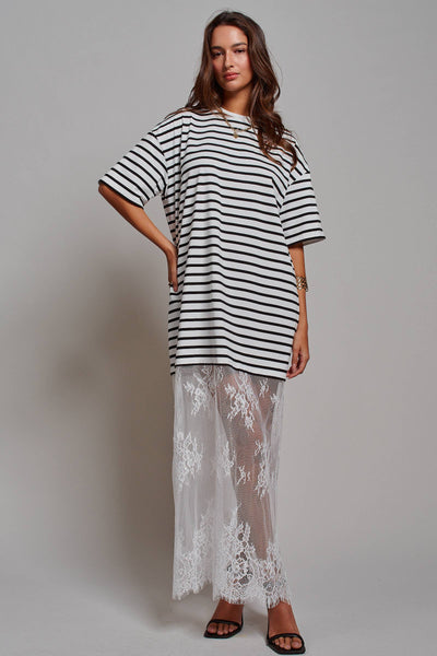 Mixed-Media T-Shirt Dress with Sheer Lace Skirt: Stripe