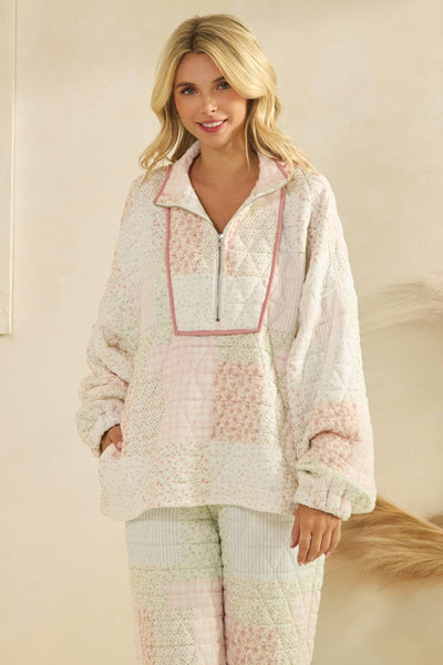 Floral textured quarter zip: Pastel combo