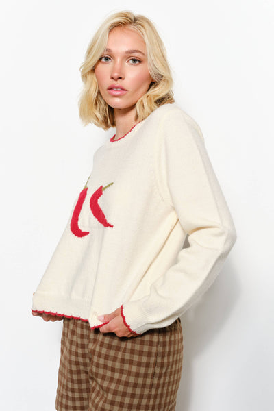 CARLY CHILI PRINT SWEATER - Cozy, Playful, Fun, Knit: Ivory
