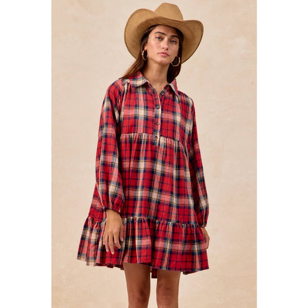 PLAID WOVEN SHRRING BUTTONED TIERED SHIRT DRESS: CAMEL MULTI / XL
