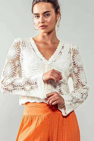Romantic Floral Crochet Button Down Spring Cropped Cardigan