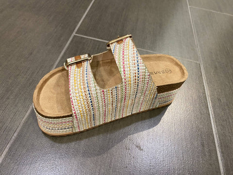 Bamboo Thick Cork Platform Double Buckle Strap Sandals: RAINBOW RAFFIA