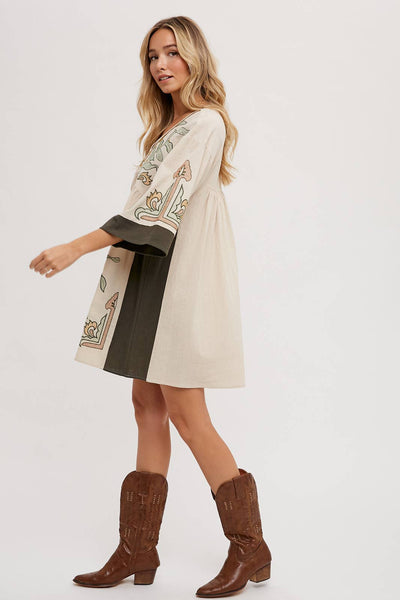 BOHO EMBROIDERED BABYDOLL DRESS: SAGE