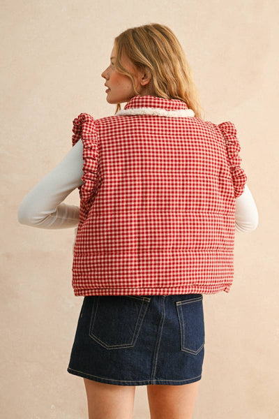 GINGHAM PATTERN SHERPA POCKET VEST: Red