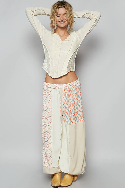 Adjustable waistband contrast patchworks patns: IVORY MULTI