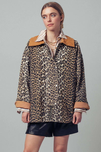 Corduroy Collar Leopard Print Jacket: LEOPARD