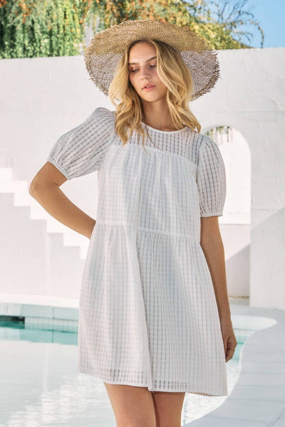 Jacquard Baby Doll Gridded Mini Dress: Off White