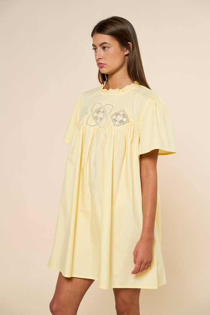 butter yellow embroidered dress Vanya V-Neck Flared Mini Dress Fit and Flare Sleeveless main image 0
