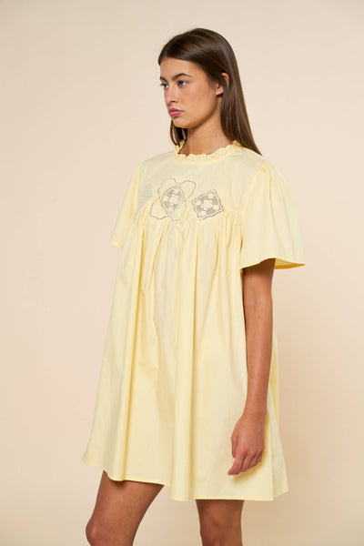 Embroidered Short Sleeve Babydoll Mini Dress: Butter Yellow