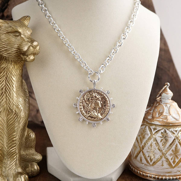 Radiant Relic – Coin Medallion Necklace with Crystal Halo: Gold Tone