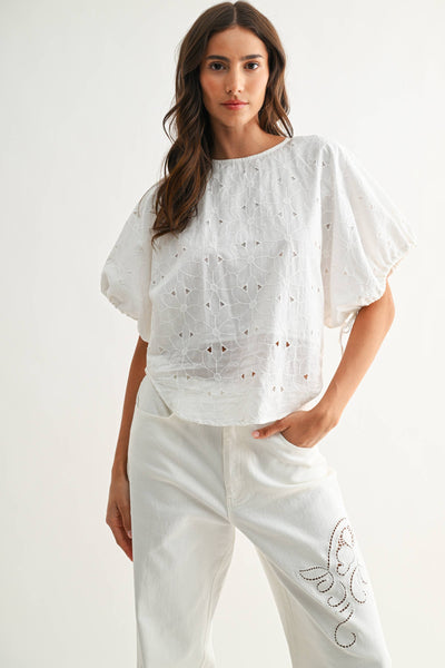 CJT26751 Embroidered White Cotton Blouse: OFF WHITE / S-M-L (3-2-1)