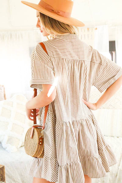 V-Neck Striped 100% Cotton Tiered Woven Dress VD81038: Taupe / M