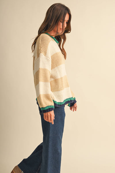 WIDE STRIPED SWEATER TOP: BEIGE MULTI
