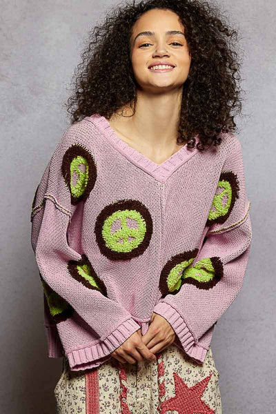 V neck long sleeve peace Berber print sweater
