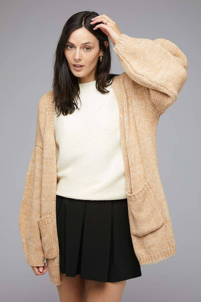 PLUS KNIT LONG SLEEVE CARDIGAN: Light Tan