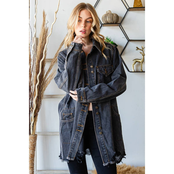 Distressed Denim Western Oversize Jacket: Black Wash